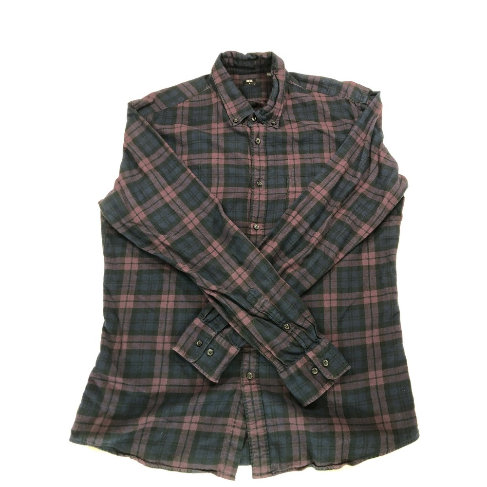 Uniqlo Flannel Shirt Mens Large Purple Navy Blue Plaid Button Down Long Sleeve